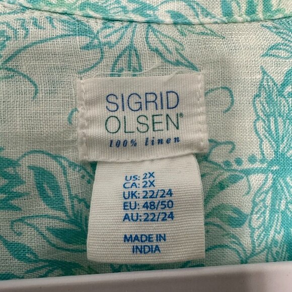 Sigrid Olsen Floral Linen Tunic Top 2X Aqua blue - Picture 3 of 10
